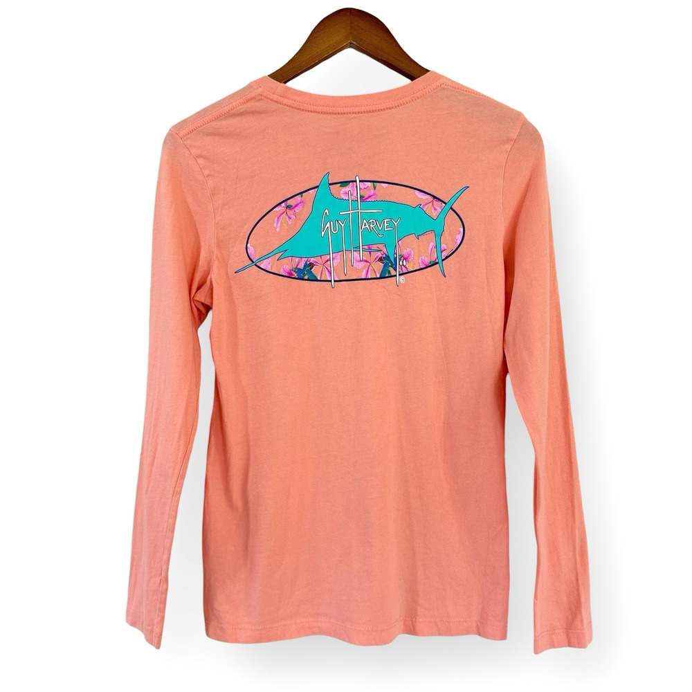 Guy Harvey Long Sleeve T-Shirt Women’s Small Cotton Coral Peach Marlin Fishing